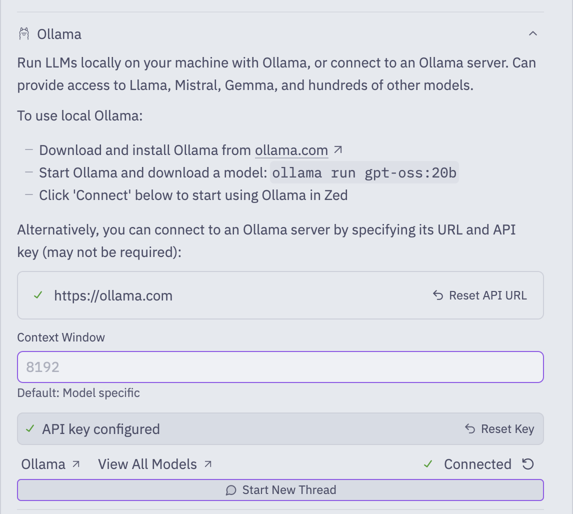 Ollama configuration in Zed